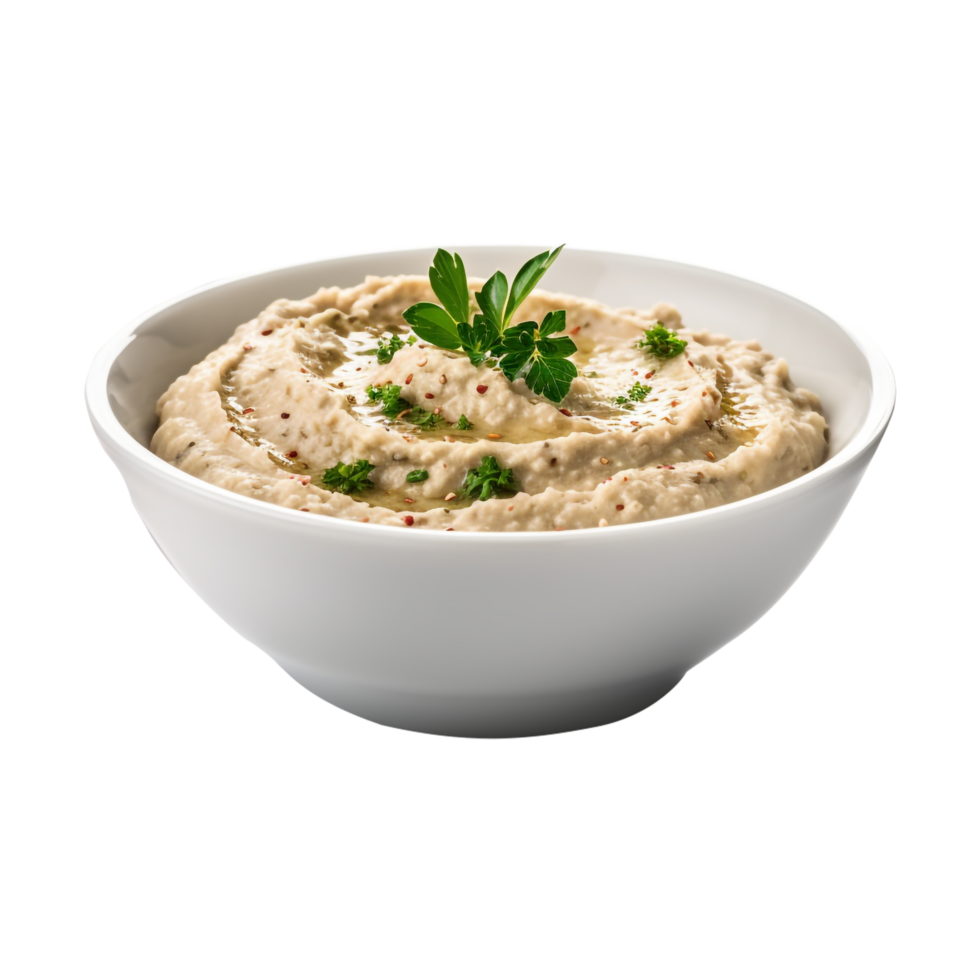 Bowl of freshly made baba ganoush isolated on transparent background png