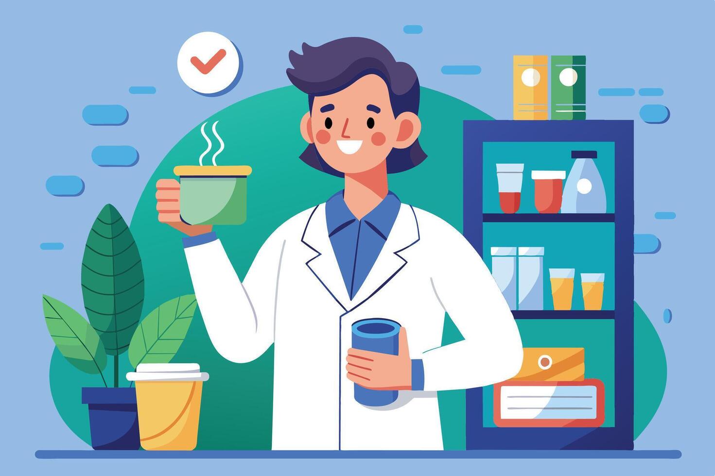 A smiling scientist holding a steaming cup in a laboratory with shelves filled with colorful containers and plants nearby vector