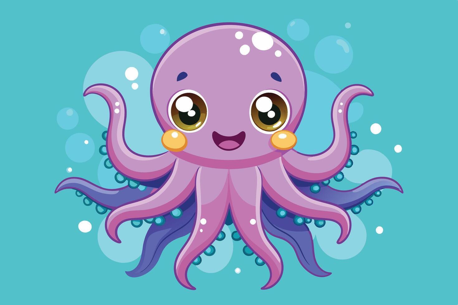 Cute cartoon octopus swimming joyfully in a vibrant underwater scene with bubbles, showcasing its playful expression and colorful tentacles vector