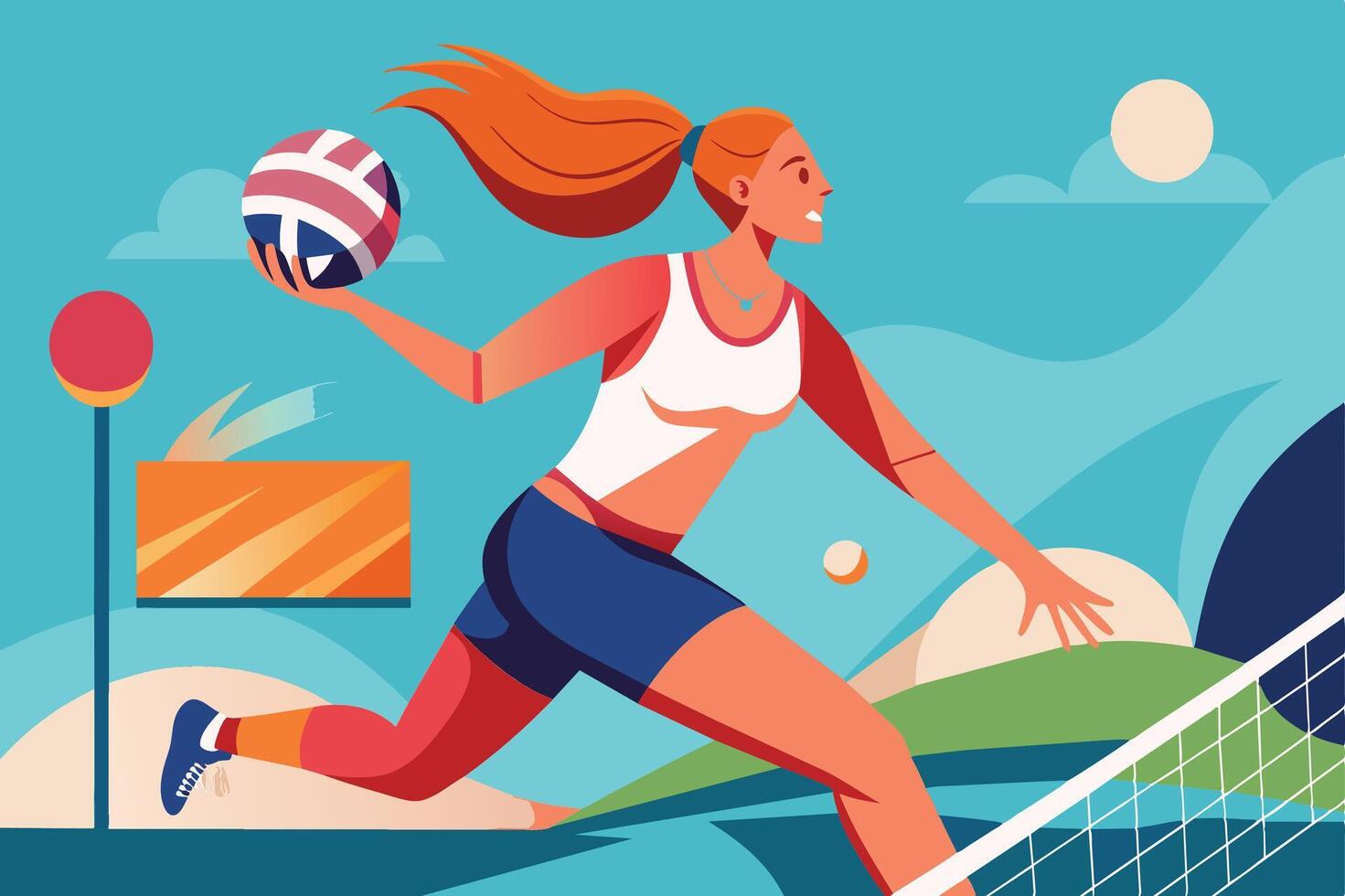 Dynamic woman playing handball in a vibrant outdoor setting during a sunny day, showcasing athleticism and energy vector