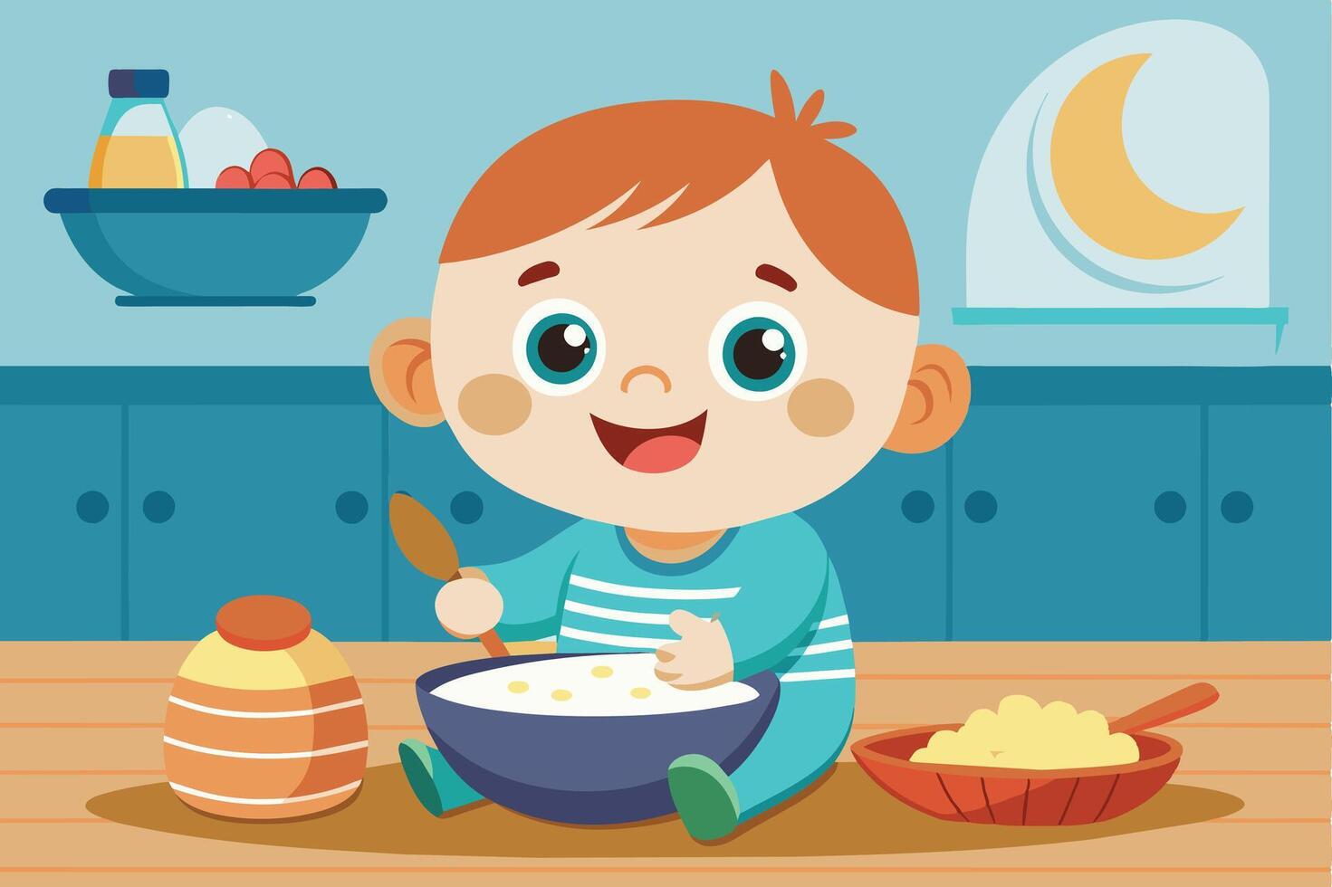 Happy toddler enjoying breakfast with cereal and fruits in a bright kitchen setting during the morning vector