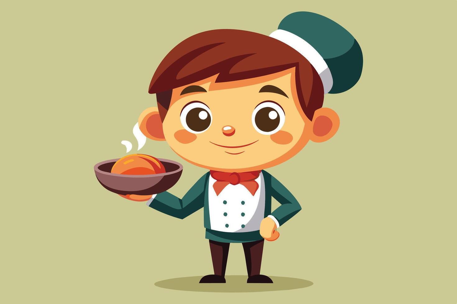 Young chef presenting a steaming bowl of food while wearing a formal outfit in a cheerful illustration style vector