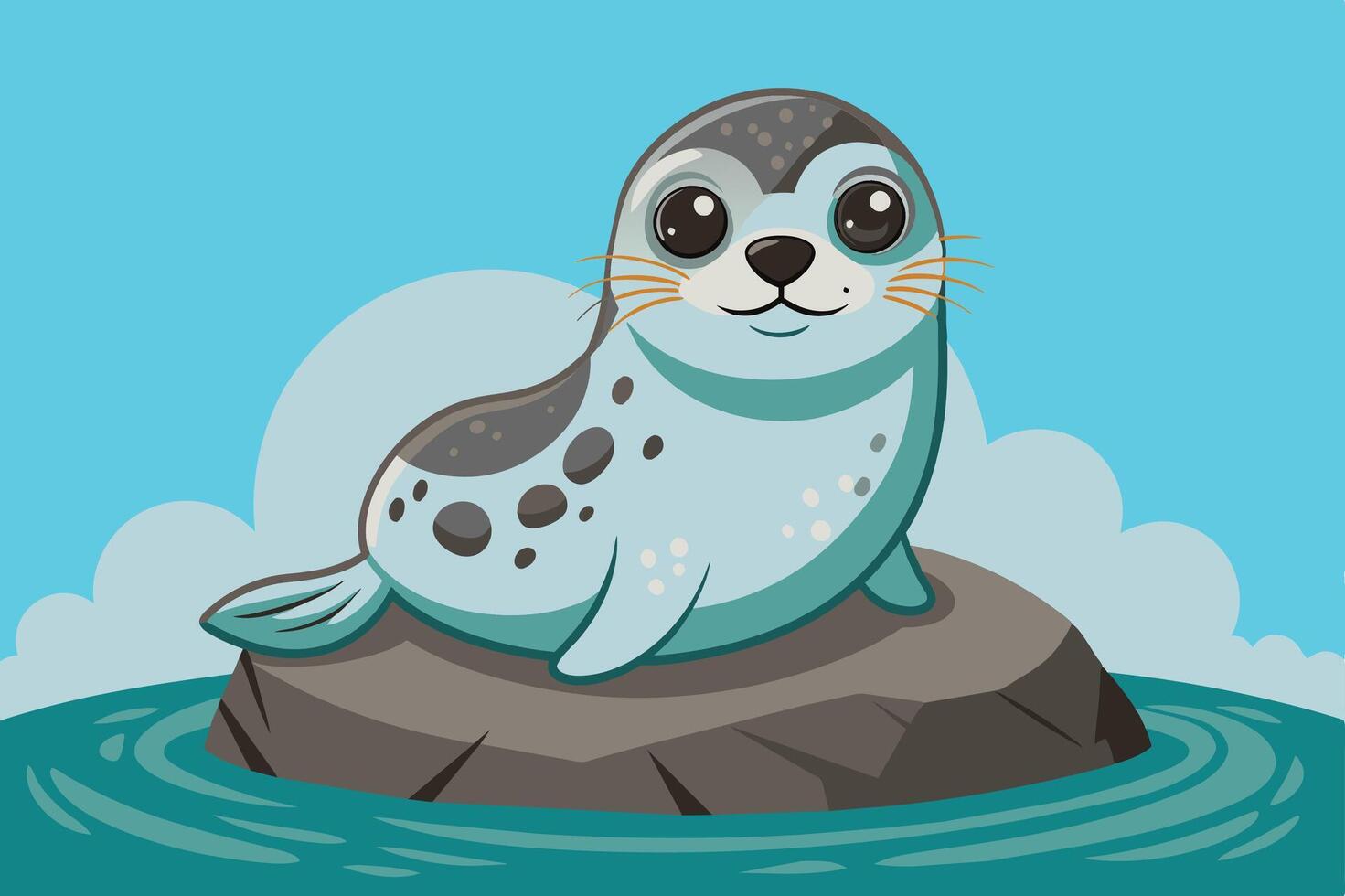 Cute cartoon seal resting on a rock in calm blue waters against a clear sky background during a sunny day vector