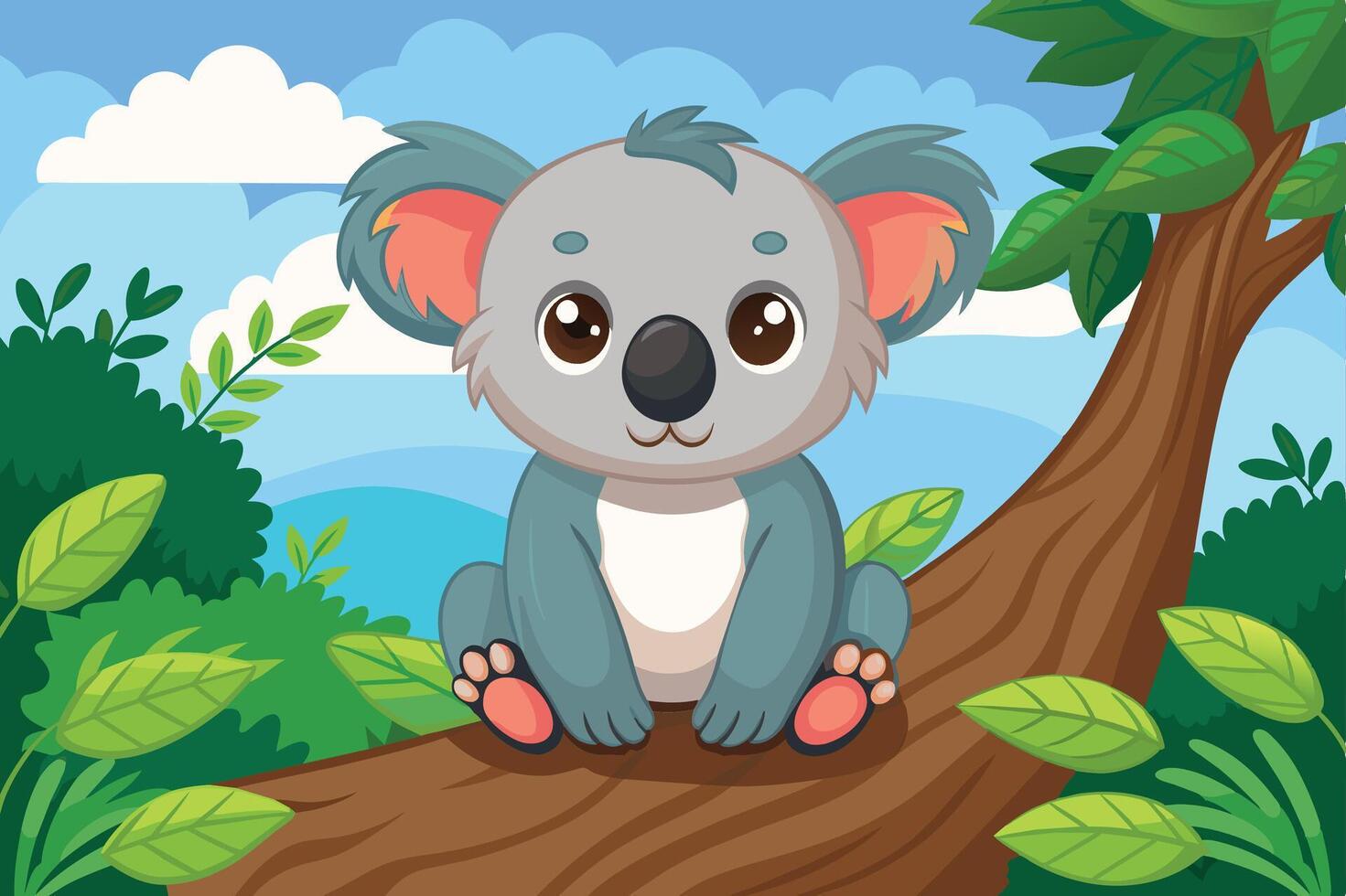 Cute cartoon koala sitting on a tree branch surrounded by green leaves in a colorful landscape during the day vector