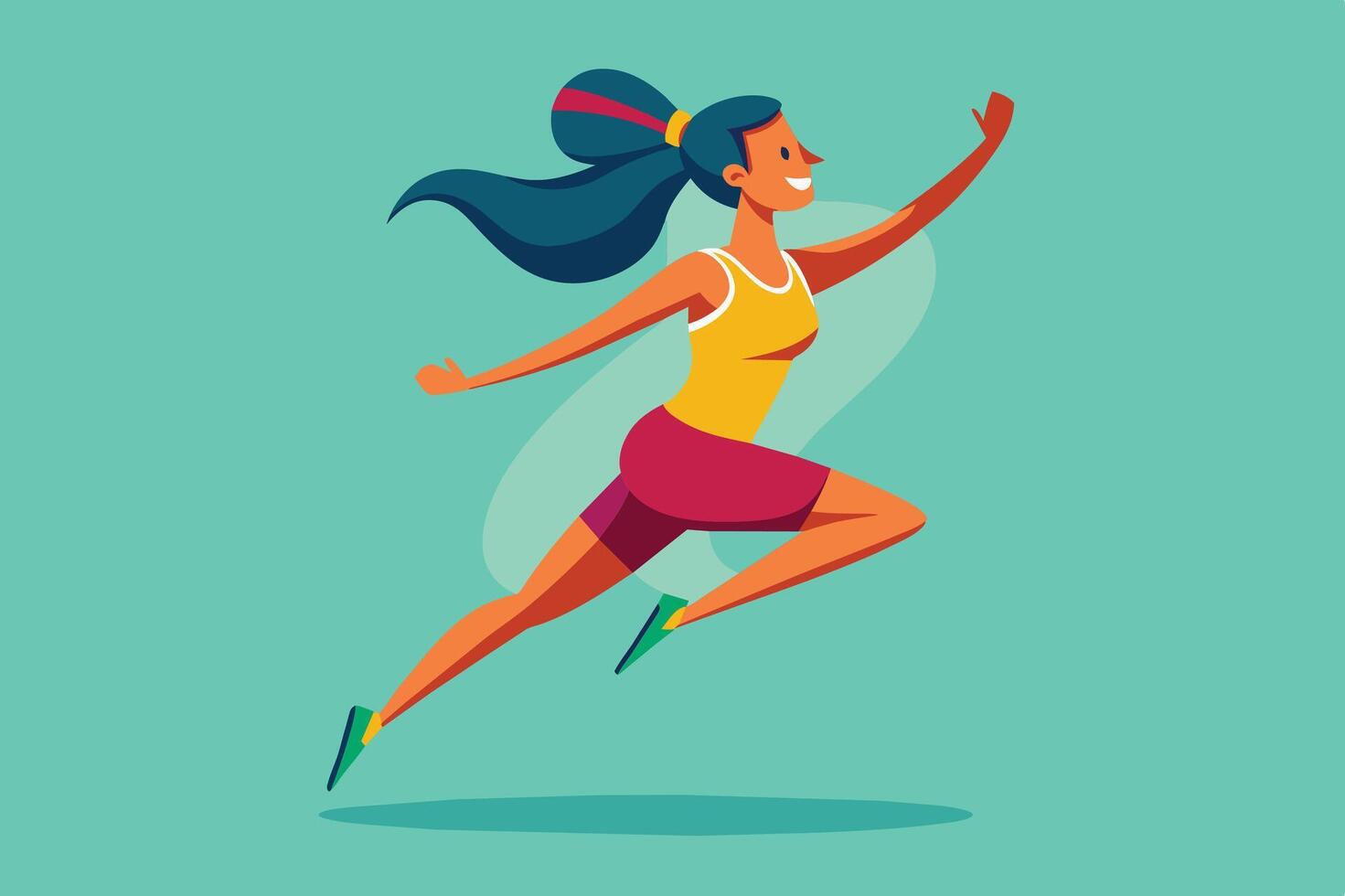 A woman runs joyfully in athletic wear on a vibrant background showcasing her enthusiasm for fitness and exercise vector