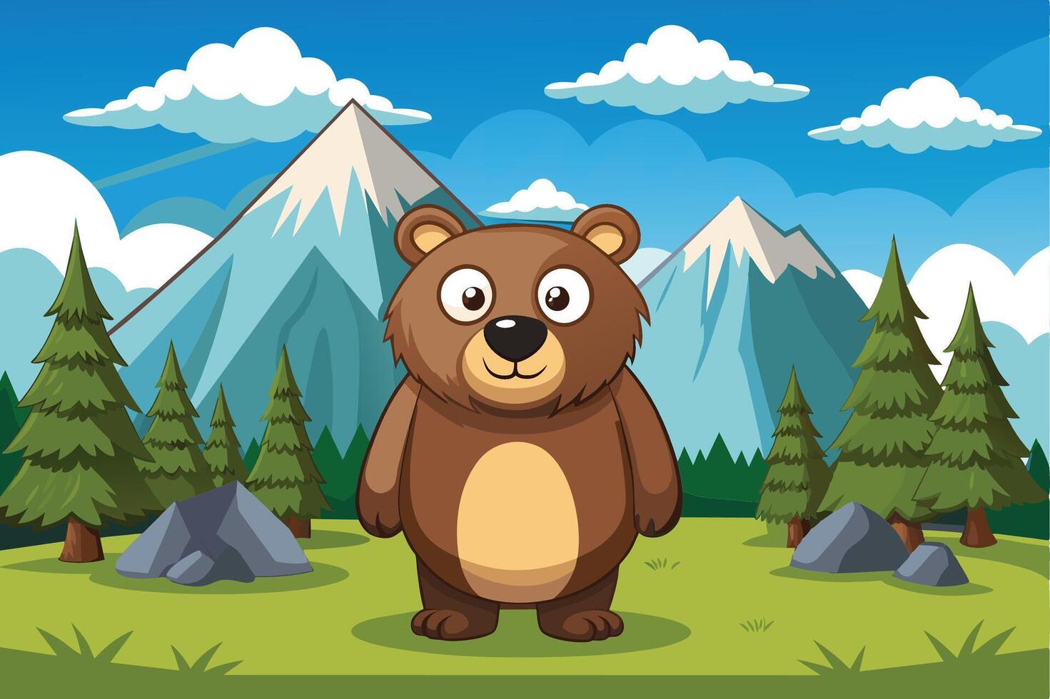 A cartoon bear stands cheerfully in a lush green valley surrounded by mountains and pine trees on a bright, sunny day vector