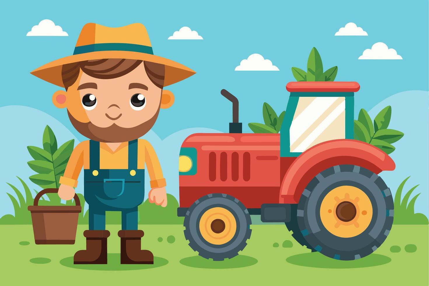 A cheerful farmer in overalls standing beside a red tractor and holding a basket in a vibrant green field on a sunny day vector