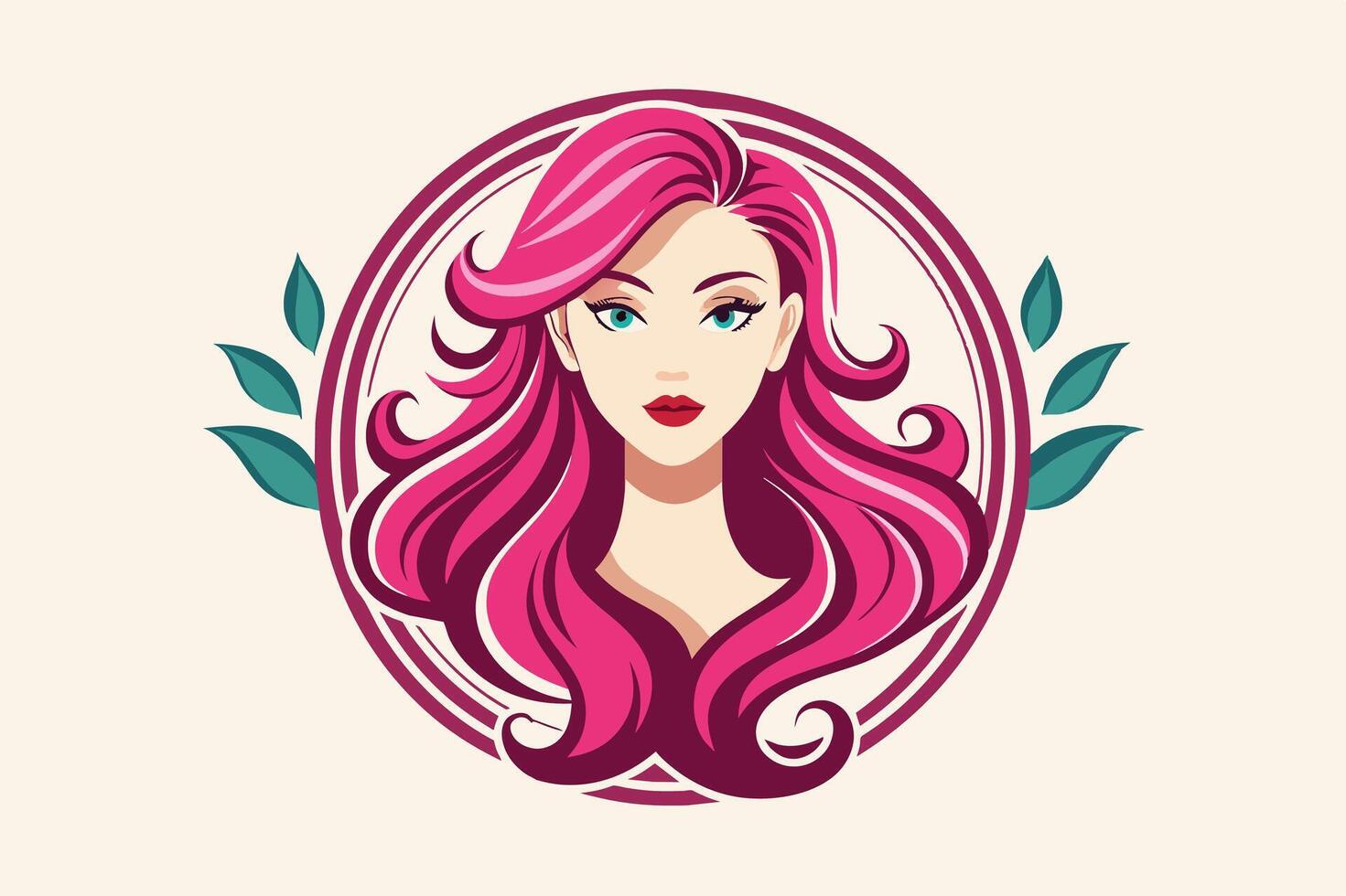A vibrant illustration of a woman with long pink hair, surrounded by decorative leaves and circular patterns, highlighting modern art vector