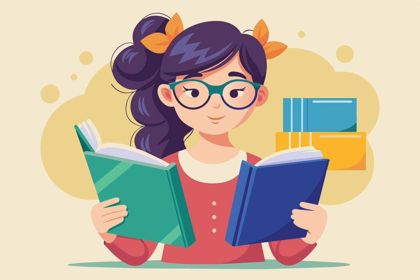 A young girl enjoying reading books while studying in a cozy environment with colorful books stacked in the background vector