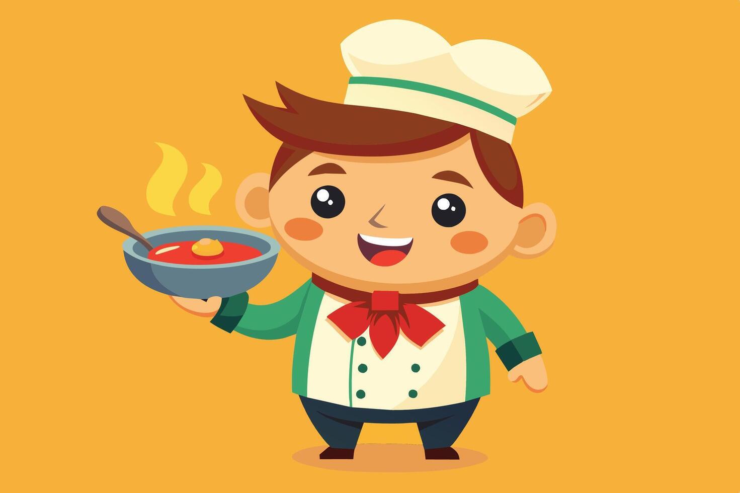 Cheerful cartoon chef holding a bowl of soup with steam rising, set against a vibrant yellow background vector