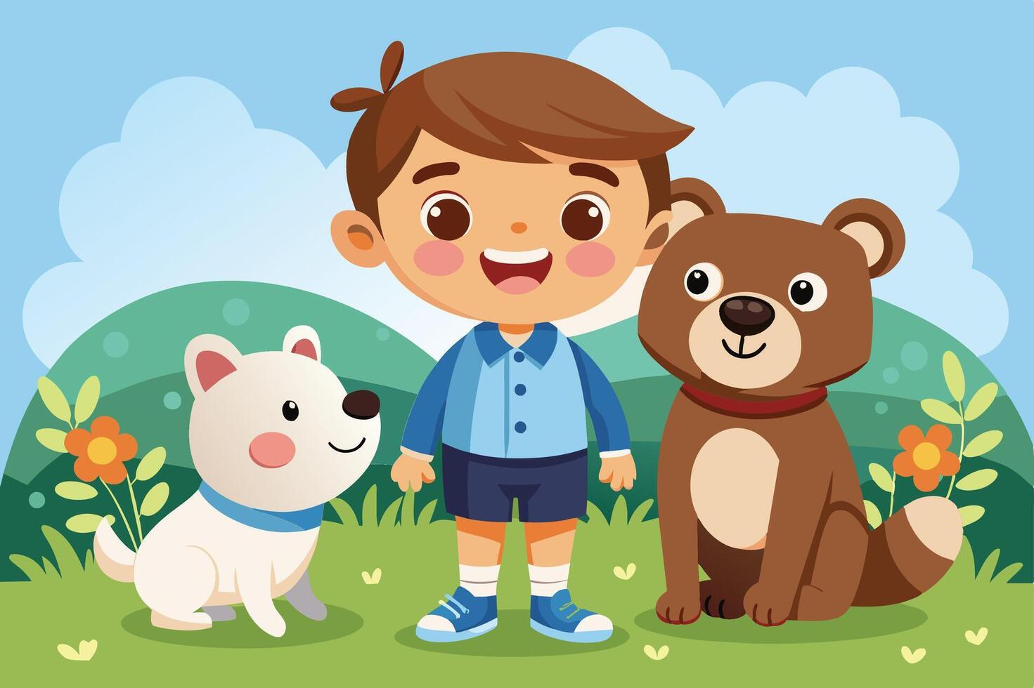 A cheerful boy poses with a friendly dog and bear in a vibrant green field under a bright blue sky during a sunny day vector