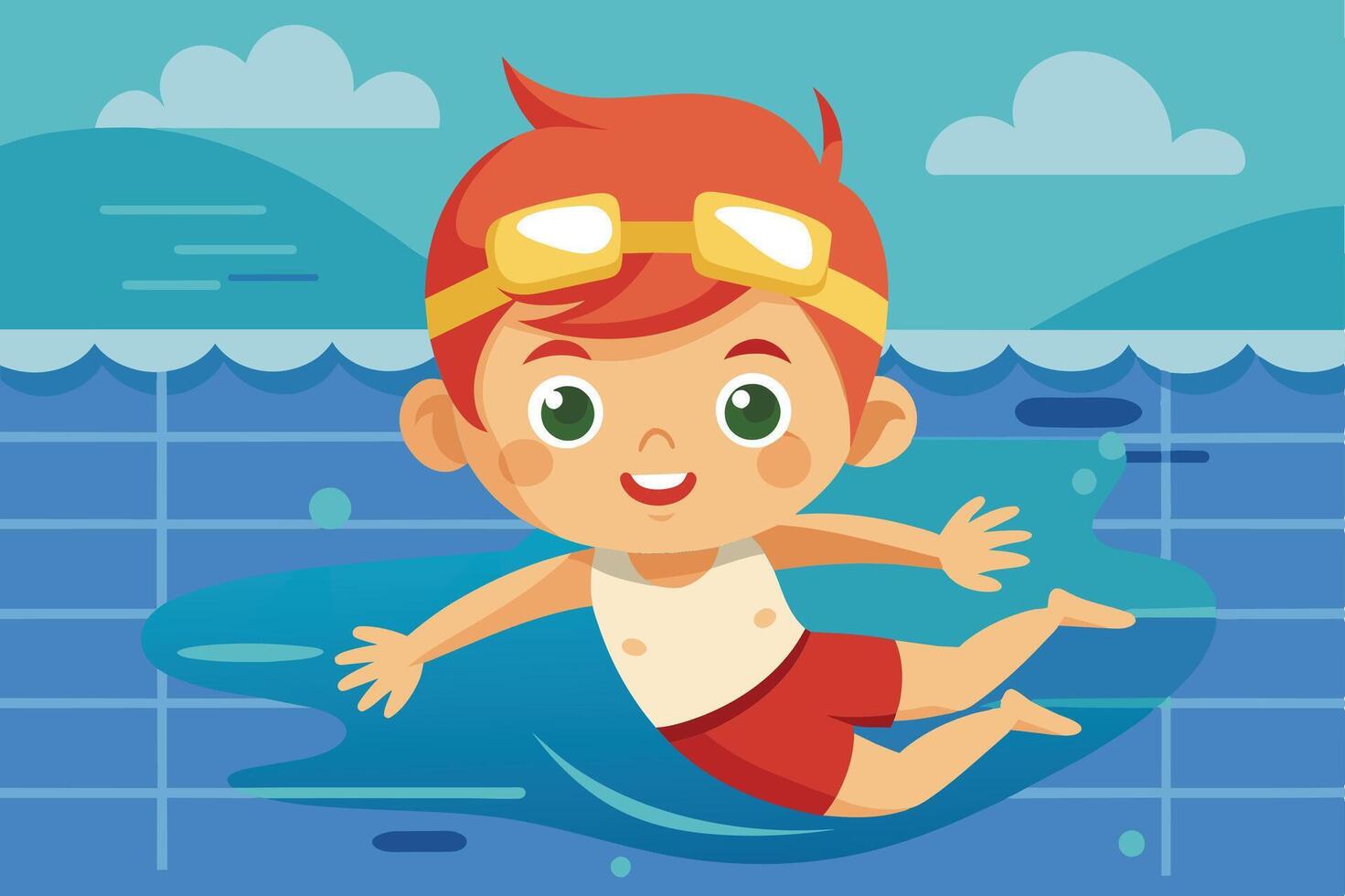 A cheerful boy with red hair enjoying swimming in a pool during a sunny day, wearing yellow goggles and red shorts in a vibrant outdoor setting vector