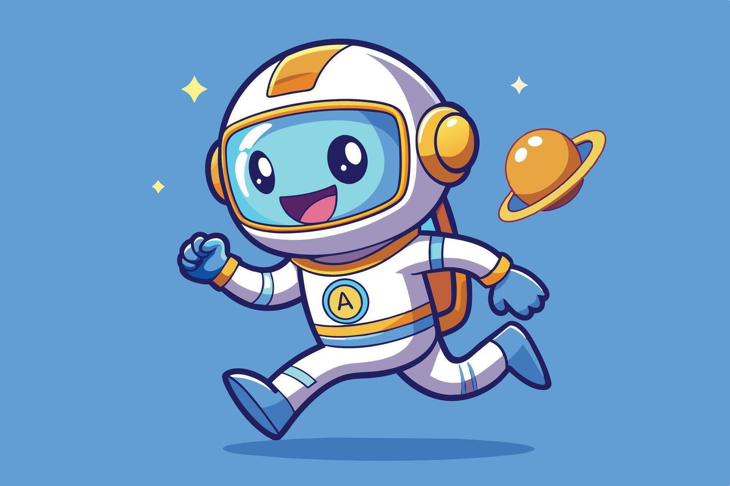 A cheerful cartoon astronaut joyfully exploring space with a planet in the background and a bright blue sky overhead vector