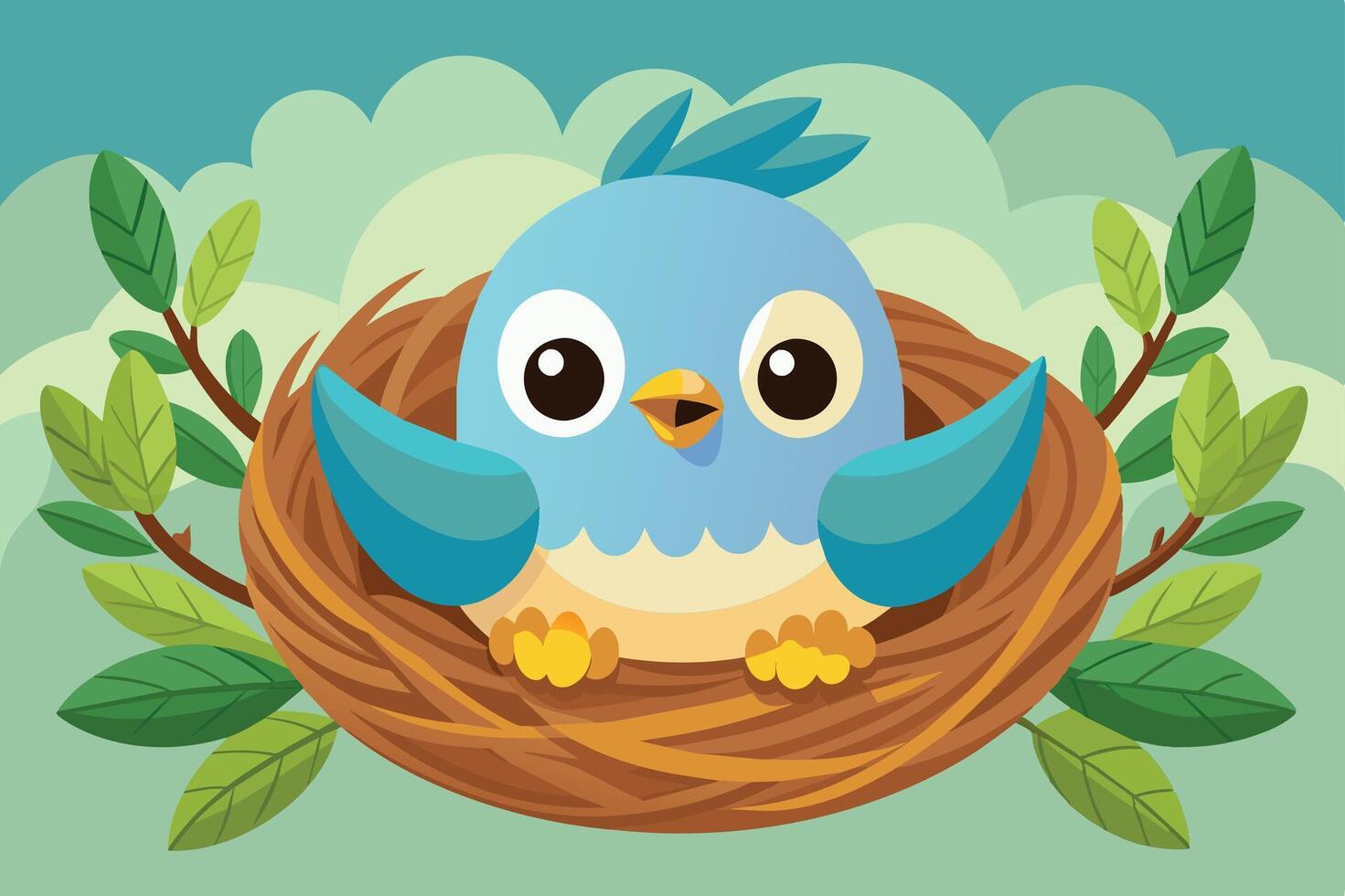A cute blue bird sitting in its nest surrounded by green leaves during a bright day in a cartoon-style illustration vector