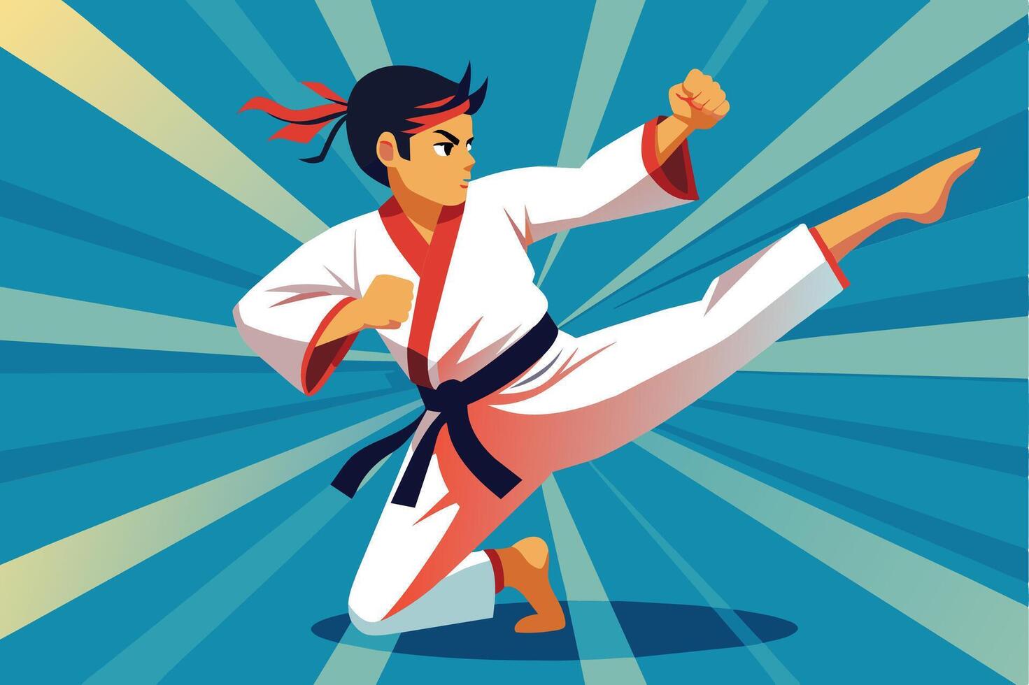 Young martial artist in a white uniform performs a high kick under a vibrant blue background with sunburst rays vector