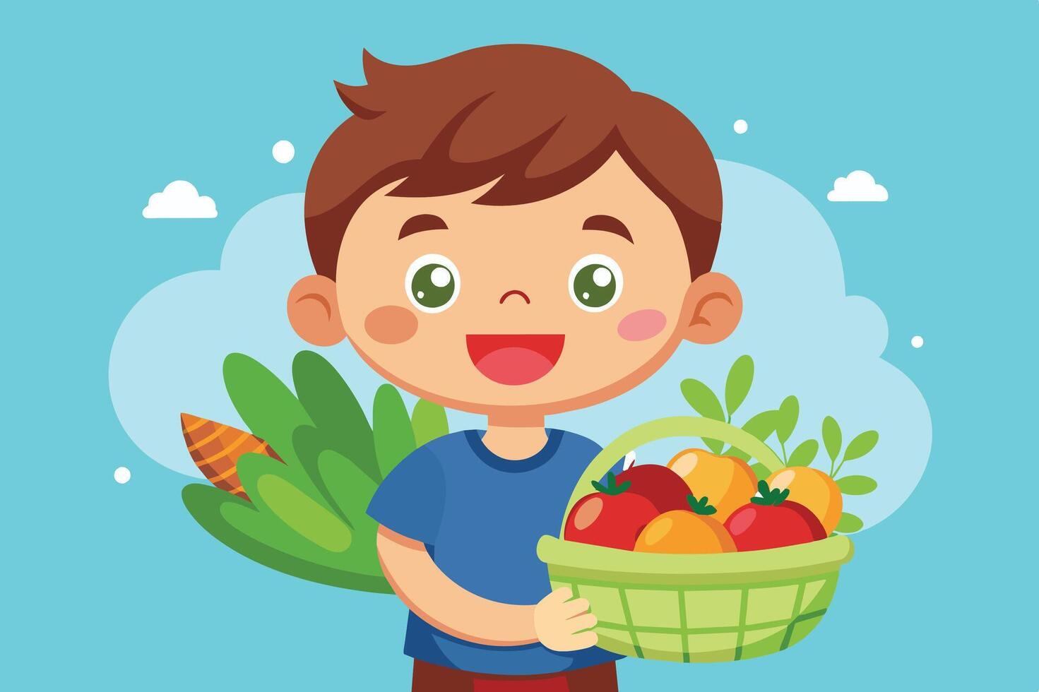 A cheerful young boy holding a basket of fresh fruits and vegetables against a bright blue background with stylized clouds vector