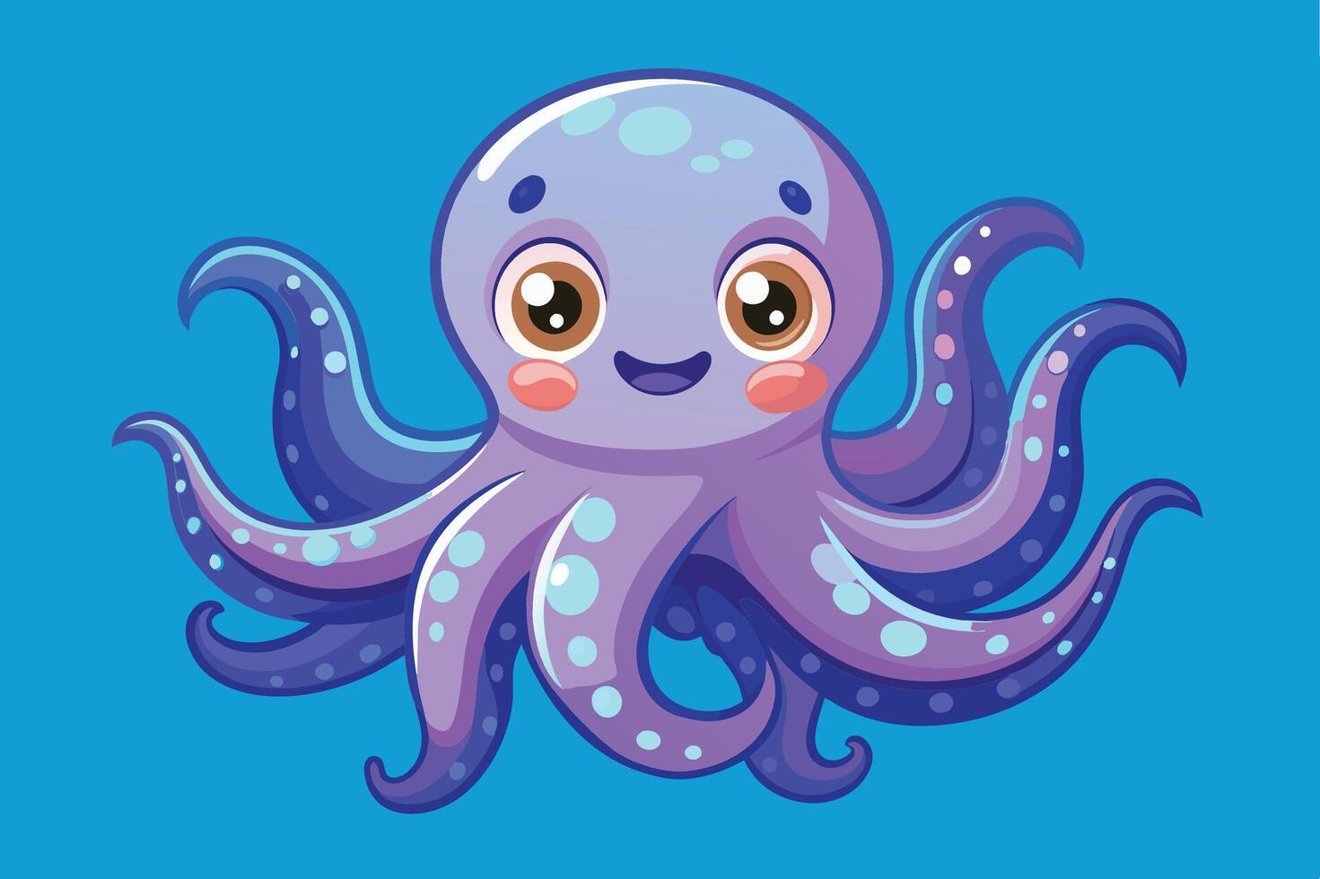 A cheerful illustrated octopus with big eyes and playful expression against a bright blue background in a cartoon style vector