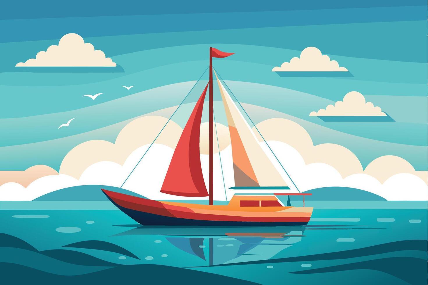A vibrant sailboat glides across calm waters under a bright blue sky with fluffy clouds during a serene afternoon vector