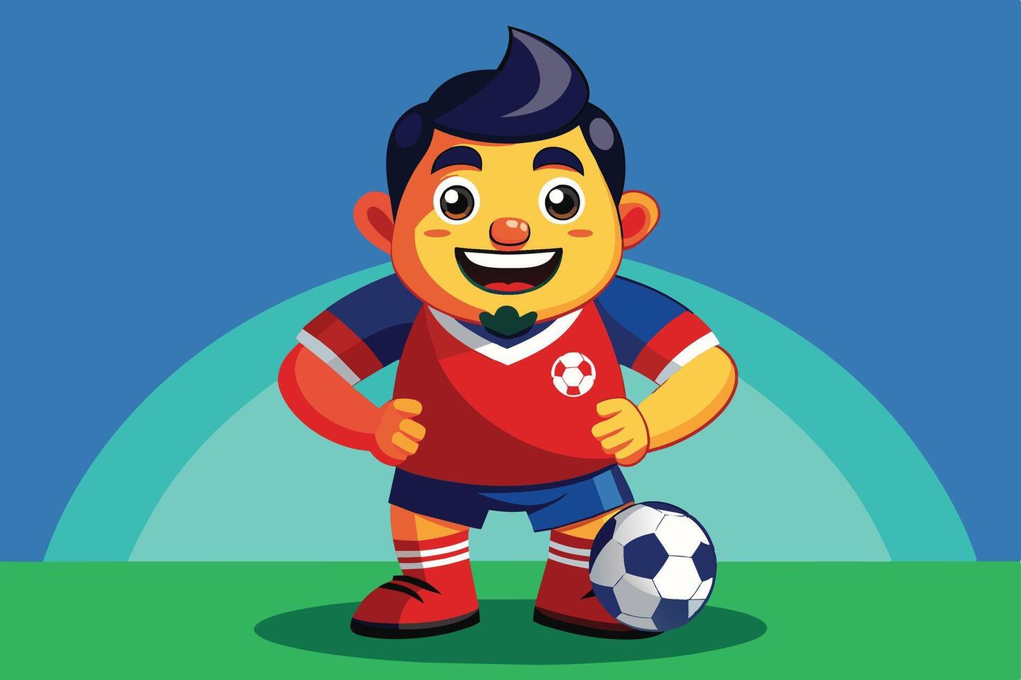 Cheerful cartoon boy in a red soccer uniform stands with a ball on a grassy field under a blue sky vector