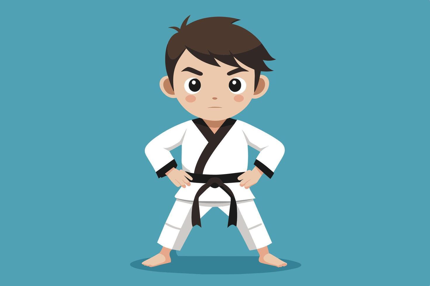 Young martial artist in black belt standing confidently on a blue background, showcasing discipline and dedication, ready for training vector