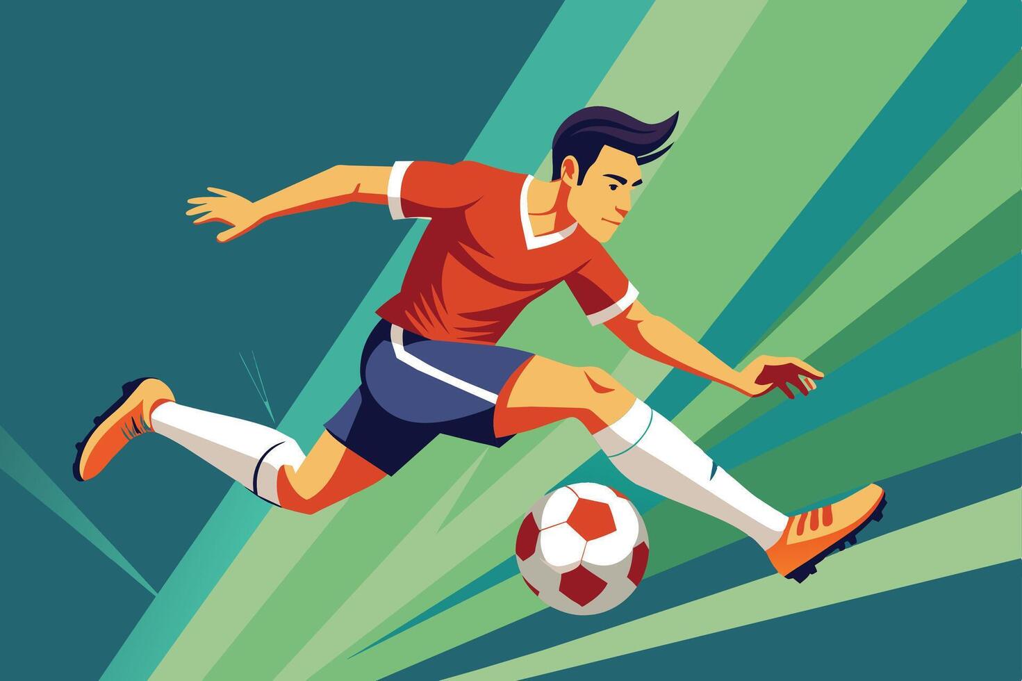 A dynamic soccer player dribbles the ball on a colorful background during an exciting game under bright stadium lights vector