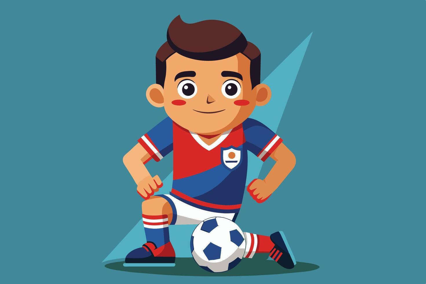 A young soccer player poses confidently with a ball while showcasing his colorful uniform in a playful setting vector