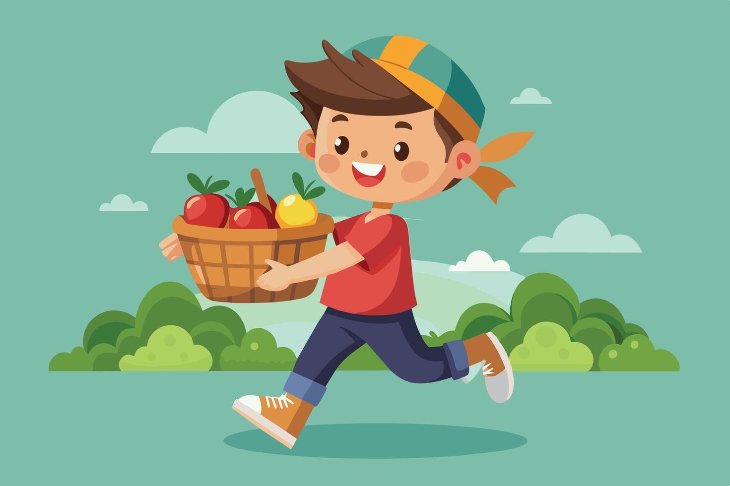 A cheerful boy wearing a cap runs joyfully while carrying a basket of fresh fruits in a green park during a sunny day vector