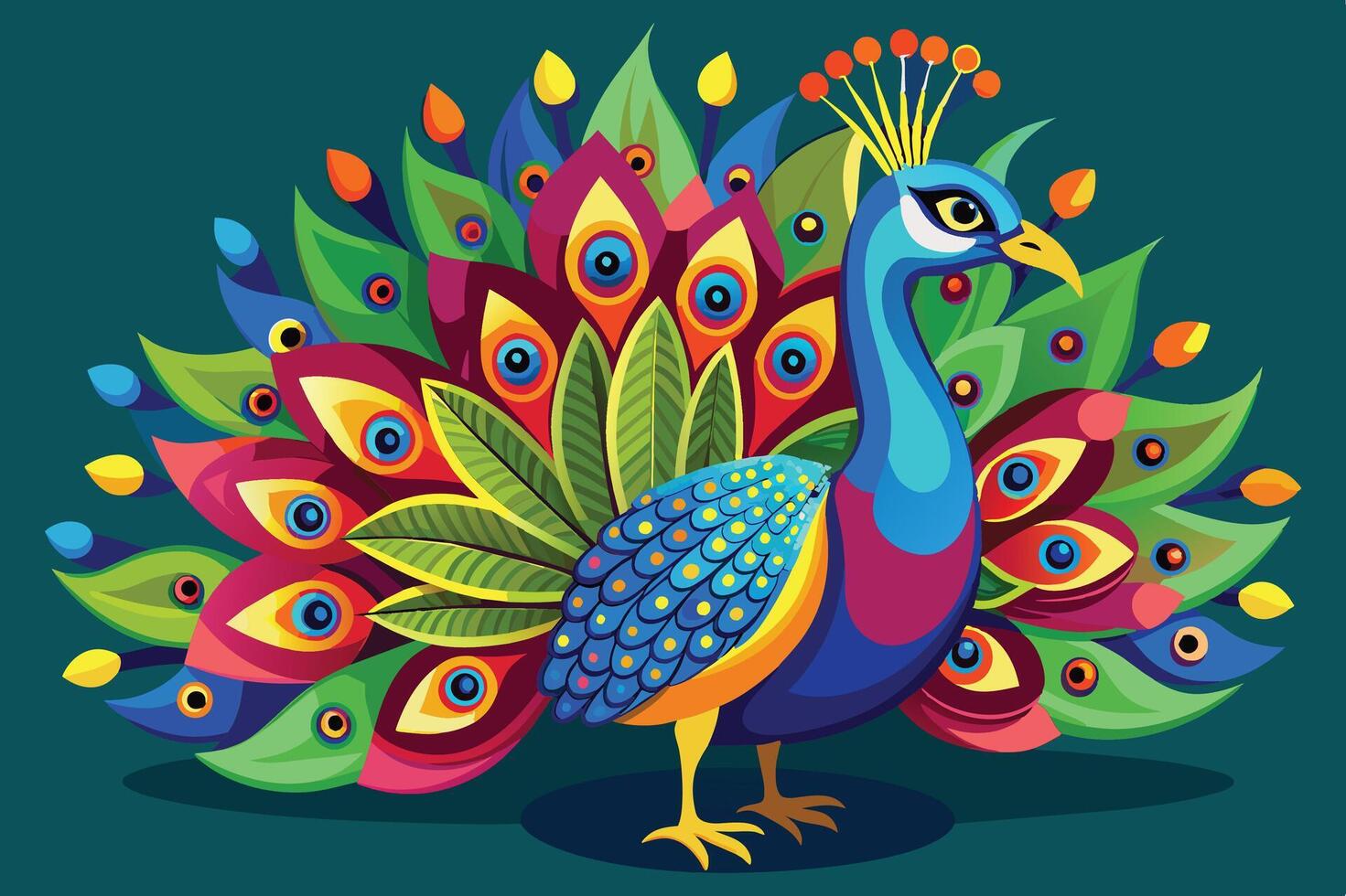 A vibrant peacock displaying its colorful feathers against a bright background, showcasing the beauty of nature's artistry vector