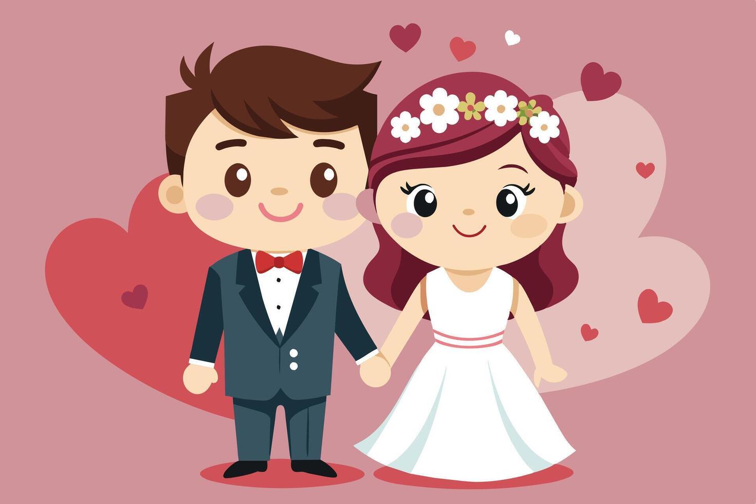A cheerful cartoon couple in wedding attire holding hands against a heart-themed background vector