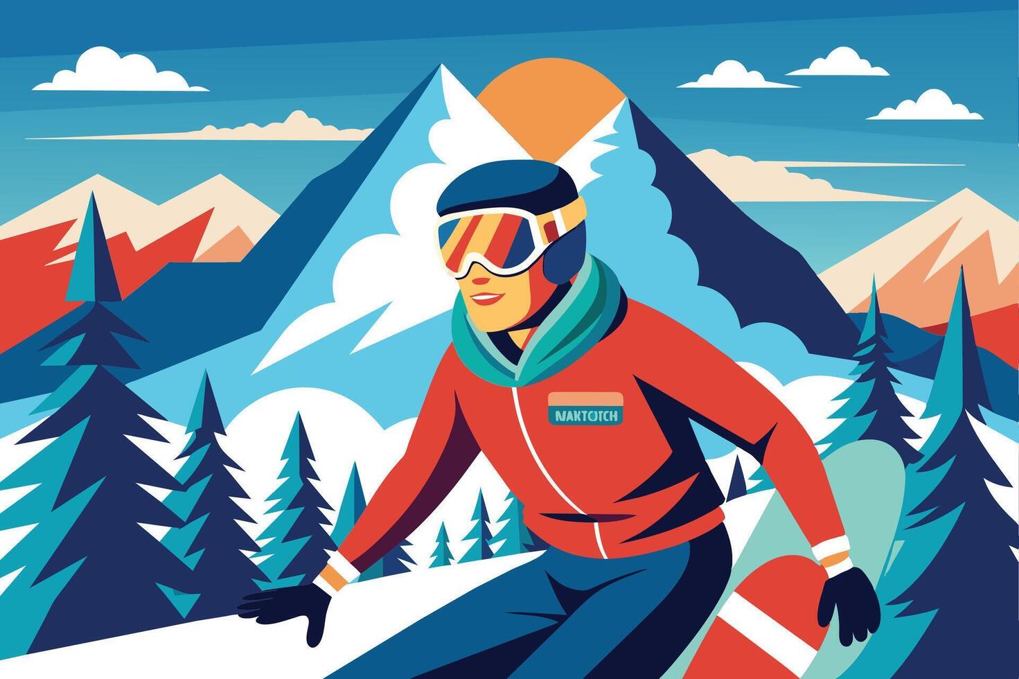 A snowboarder carving through fresh powder against a backdrop of majestic mountains and vibrant trees on a sunny winter day vector