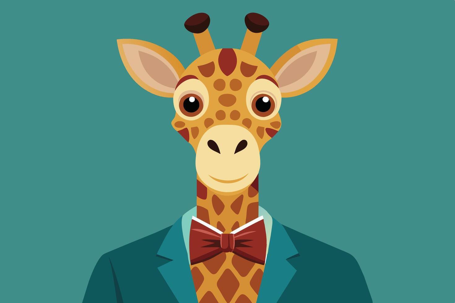 A cartoon giraffe in a suit and bow tie smiles against a teal background, ideal for charming children's illustrations vector