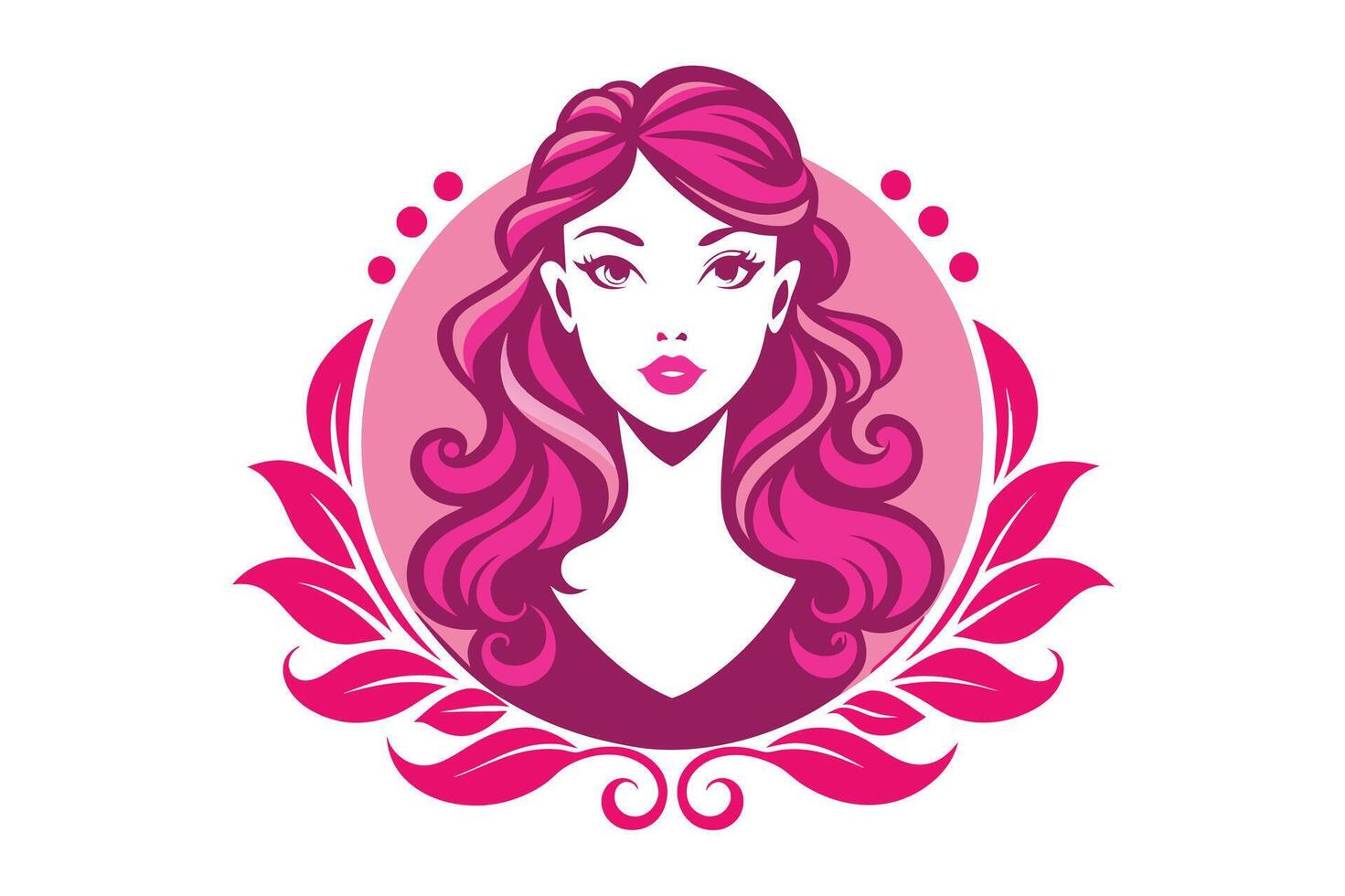 A vibrant illustration of a woman with flowing pink hair surrounded by elegant leaves and soft circular patterns in a bold design vector