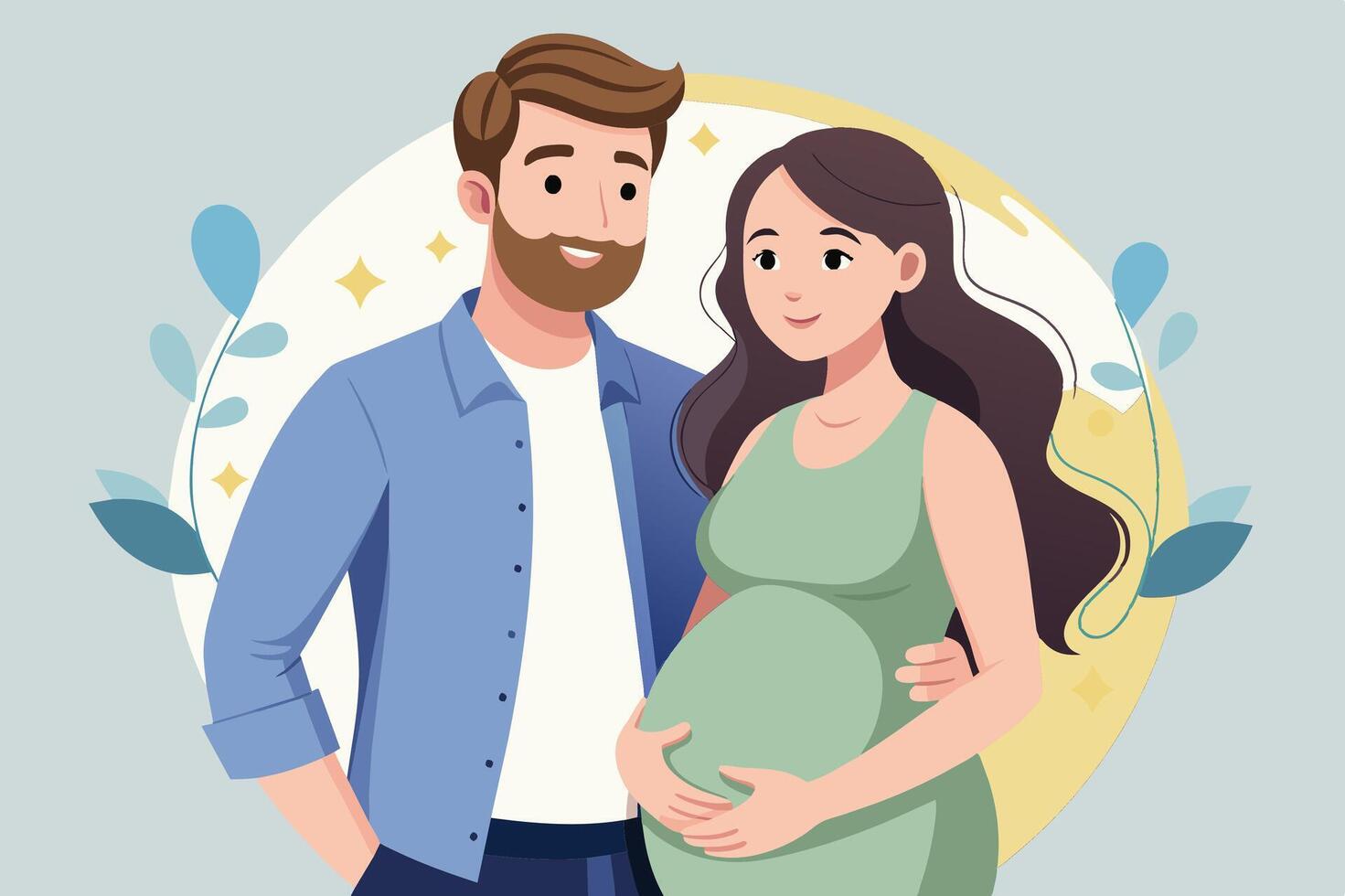 Expecting parents joyfully pose together, showcasing a loving bond and anticipation for their new family member in a charming illustration vector
