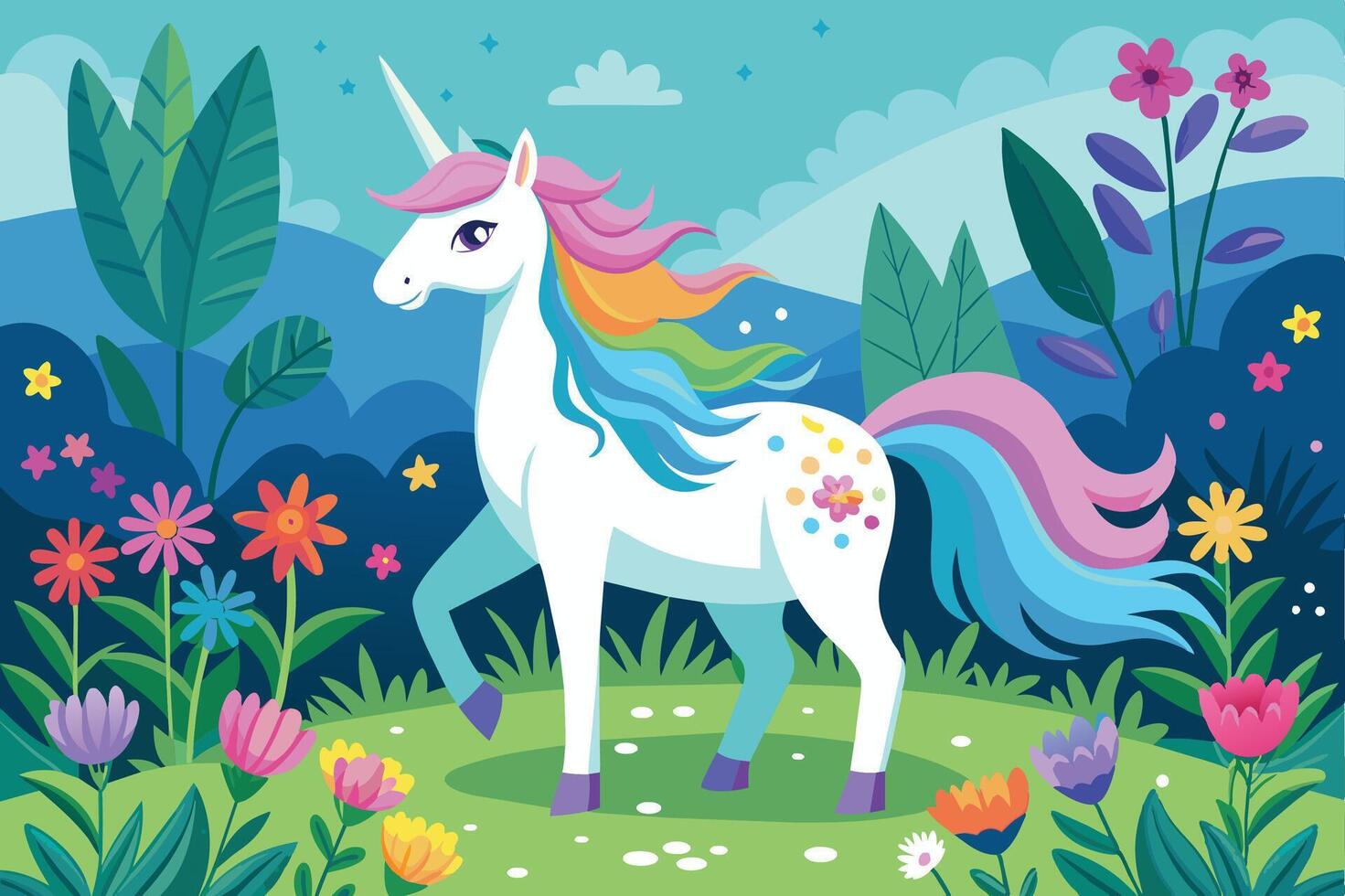 A colorful unicorn stands gracefully in a vibrant meadow filled with flowers against a backdrop of rolling hills and blue skies vector