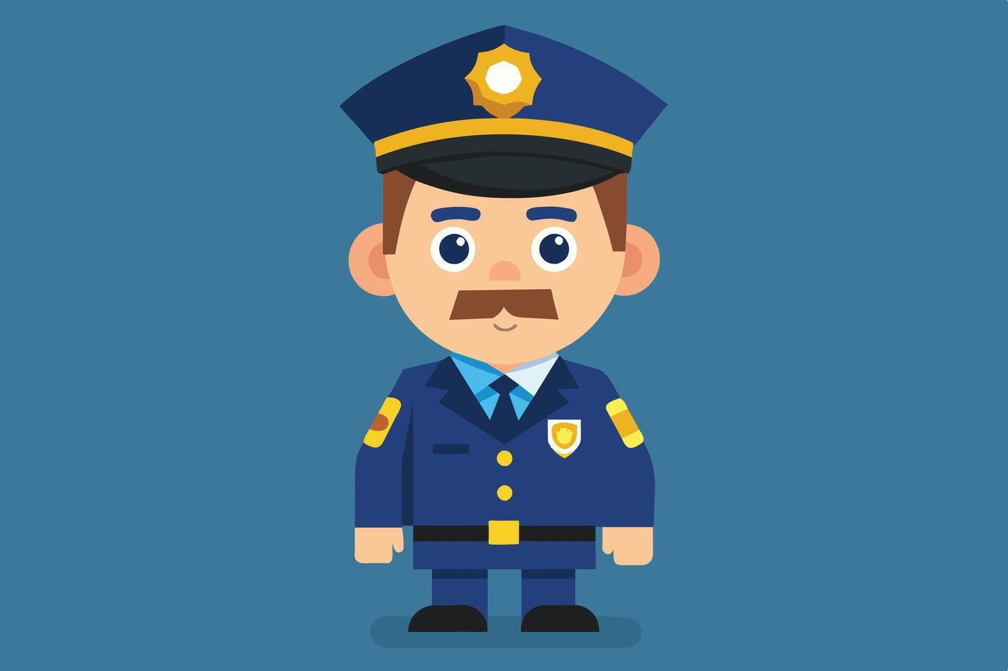 Cartoon police officer in uniform with badge and cap on a blue background, showcasing a friendly vibe and promoting community safety vector