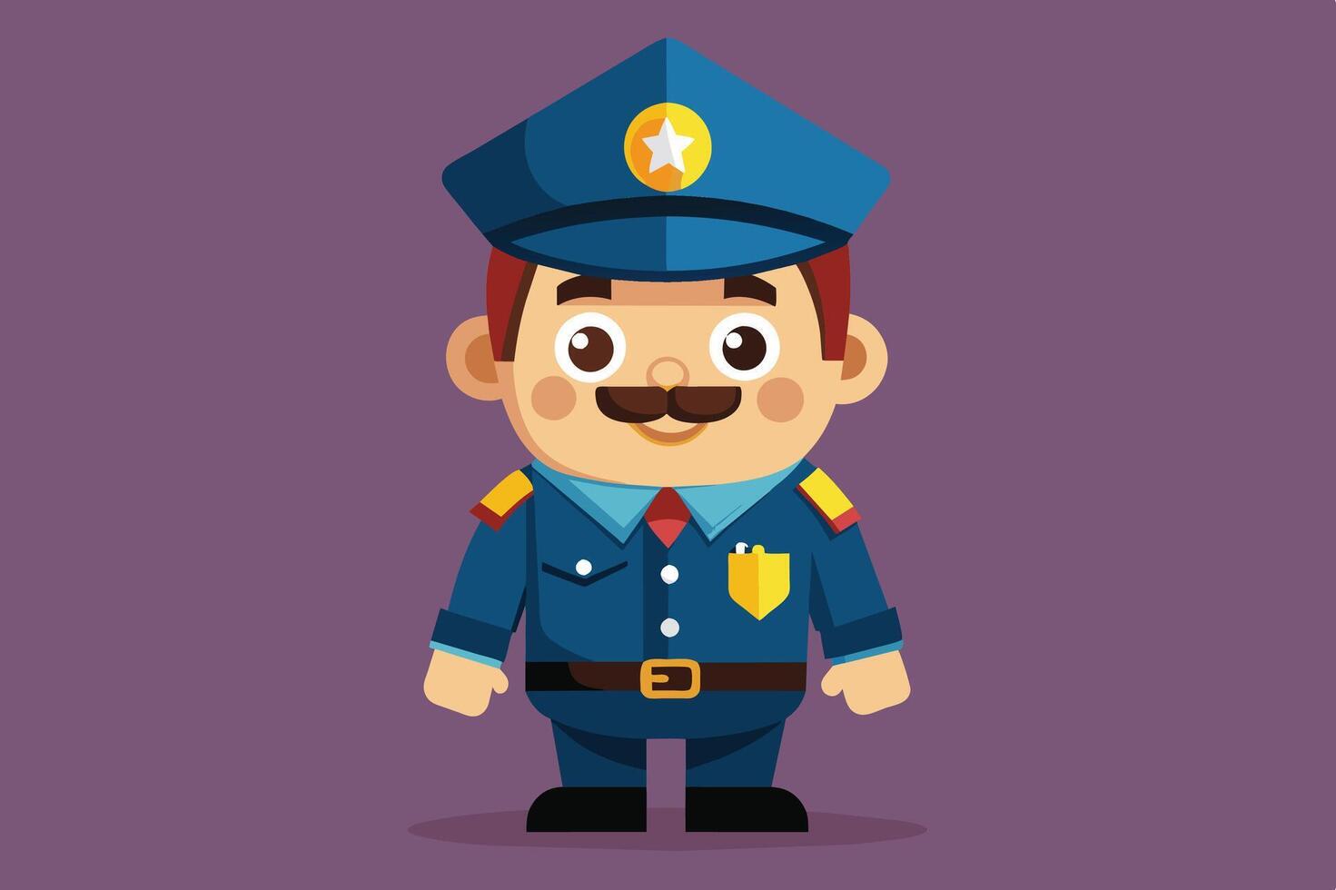 Cute cartoon police officer in uniform standing confidently against a purple background with a friendly expression vector