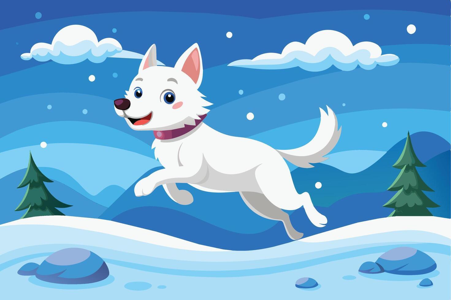 A cheerful white dog plays in the snow under a bright blue sky with fluffy clouds and scattered trees in a winter landscape vector