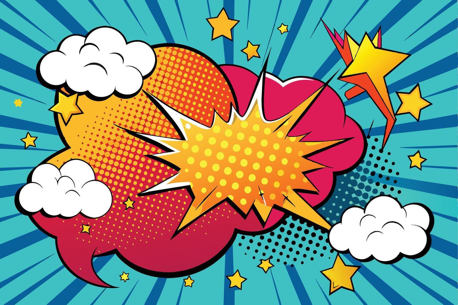 Colorful comic style speech bubbles with explosion effects and whimsical stars set against a vivid turquoise background vector