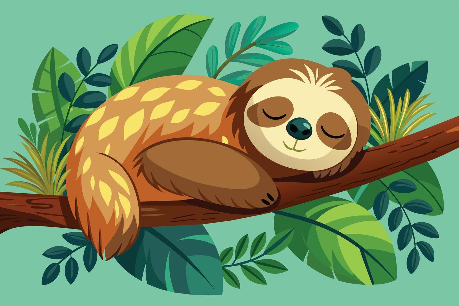A cute sloth peacefully sleeping on a branch surrounded by vibrant green leaves in a tropical forest setting vector