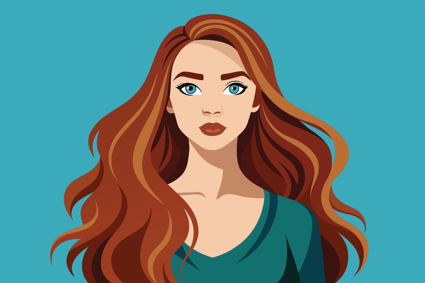 Stylized portrait of a woman with long, wavy red hair wearing a teal top against a light blue background vector