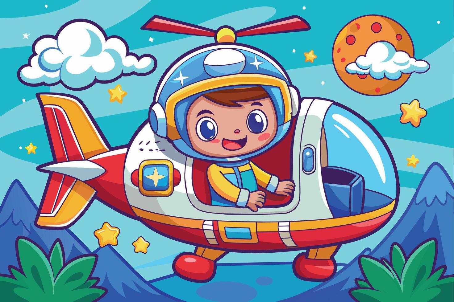 A cheerful child pilots a colorful helicopter against a bright sky filled with stars and clouds, surrounded by mountains and a whimsical landscape vector