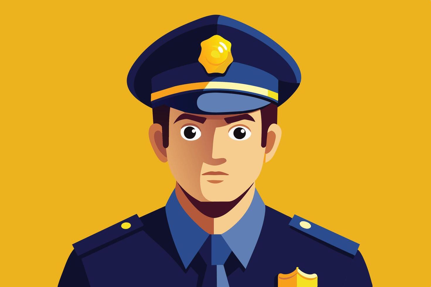 A male police officer in uniform poses confidently against a bright yellow background, embodying authority and community service vector