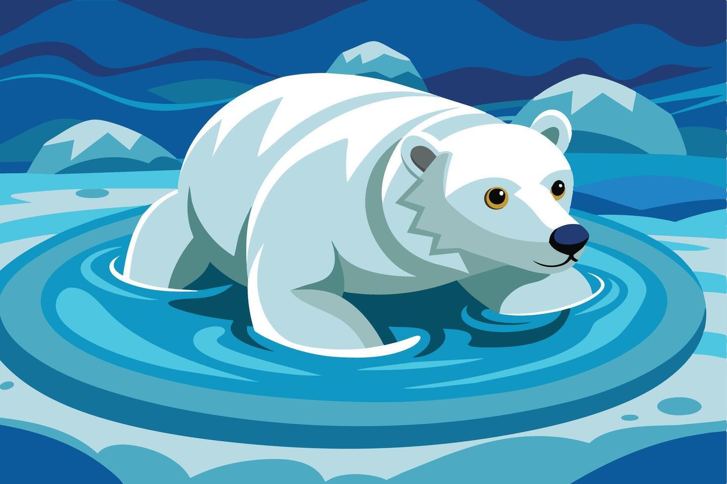 A polar bear wades through icy waters at twilight, surrounded by snow-covered mountains in a cold Arctic landscape vector