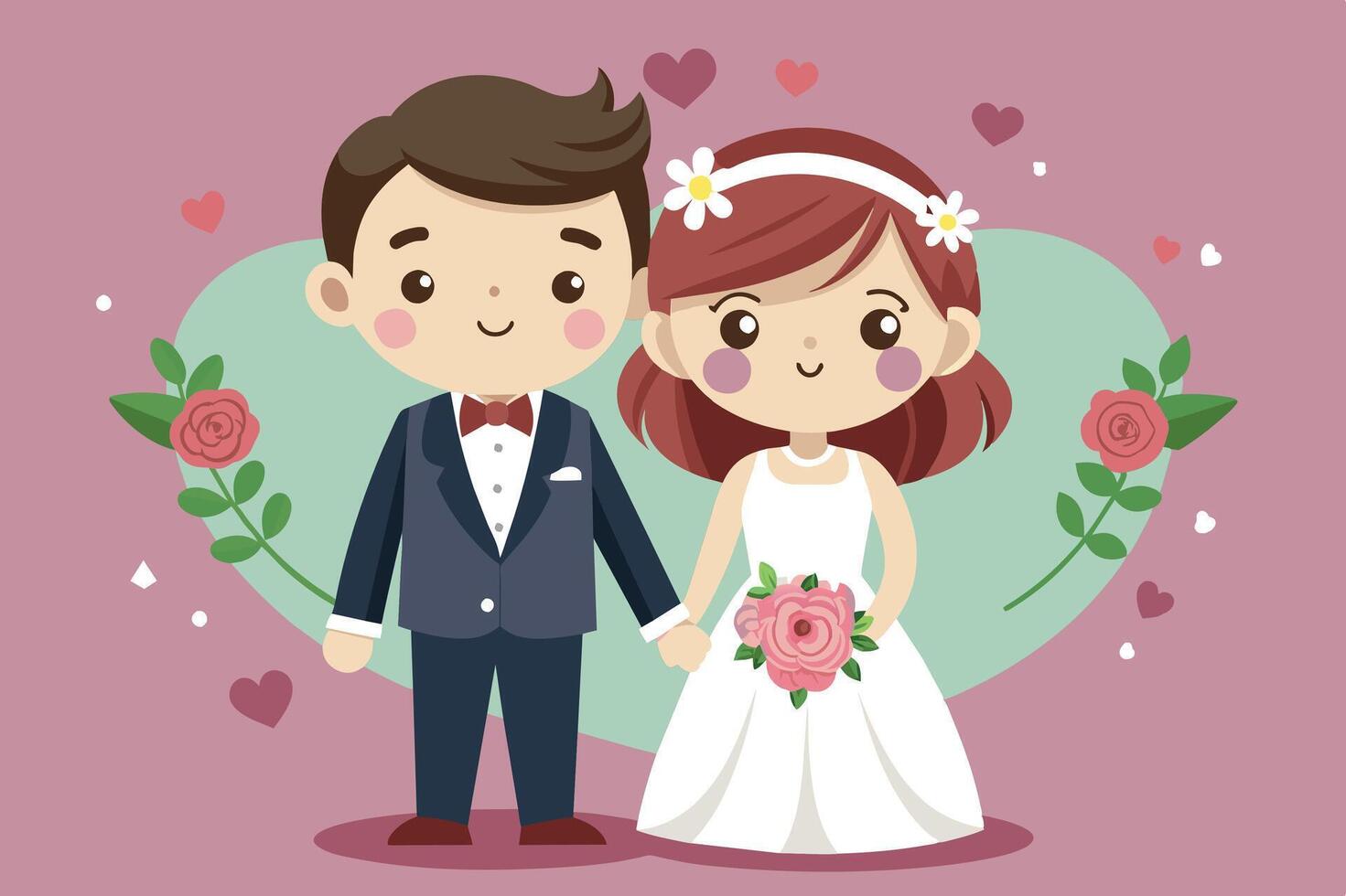 Cute cartoon couple holding hands in wedding attire surrounded by hearts and flowers in a pastel background vector