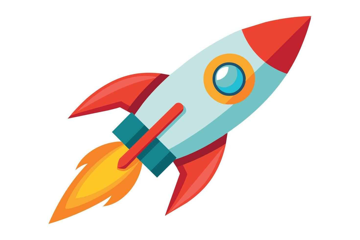 Colorful rocket launching upward against a white background with bright flames and sleek design, symbolizing adventure and exploration vector