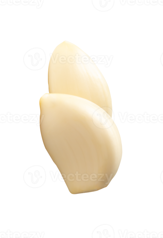 Side view of peeled garlic cloves in stack isolated with clipping path in file format png