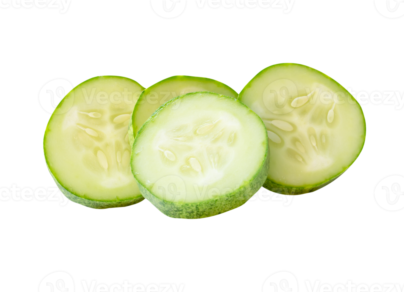 Front view of green cucumber slices or pieces in stack isolated with clipping path in file format png