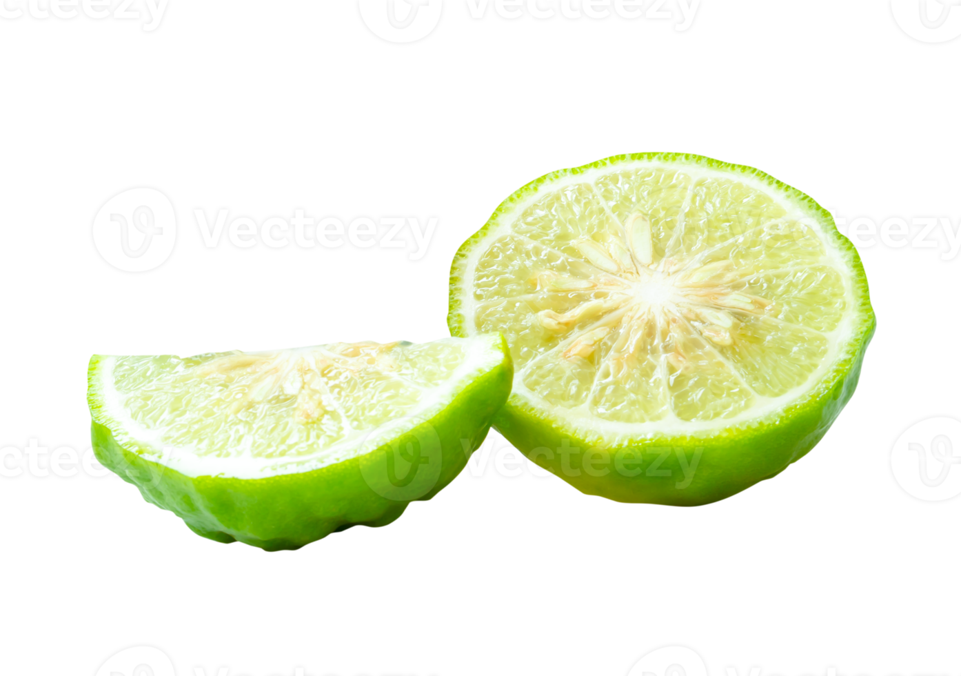Front view of fresh green bergamot fruits or kaffir lime with half but no green leaf in stack isolated with clipping path in file format png