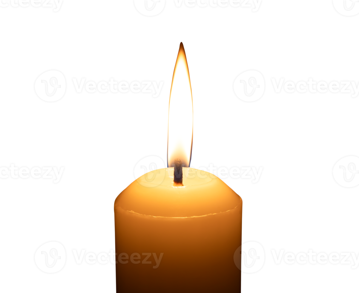 A single burning candle flame or light glowing on a big white candle isolated with clipping path in file format png