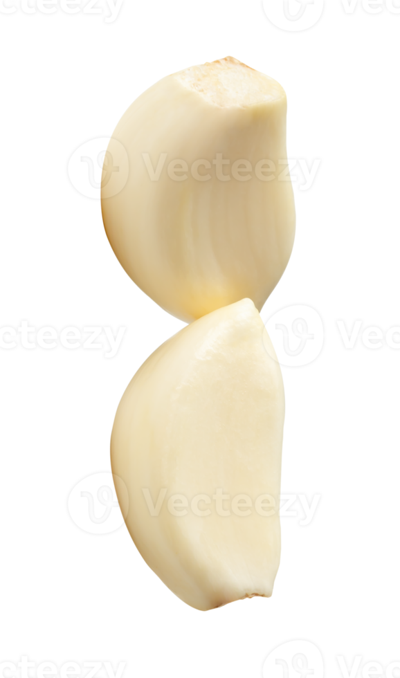 Top view of peeled garlic cloves in stack isolated with clipping path in file format png